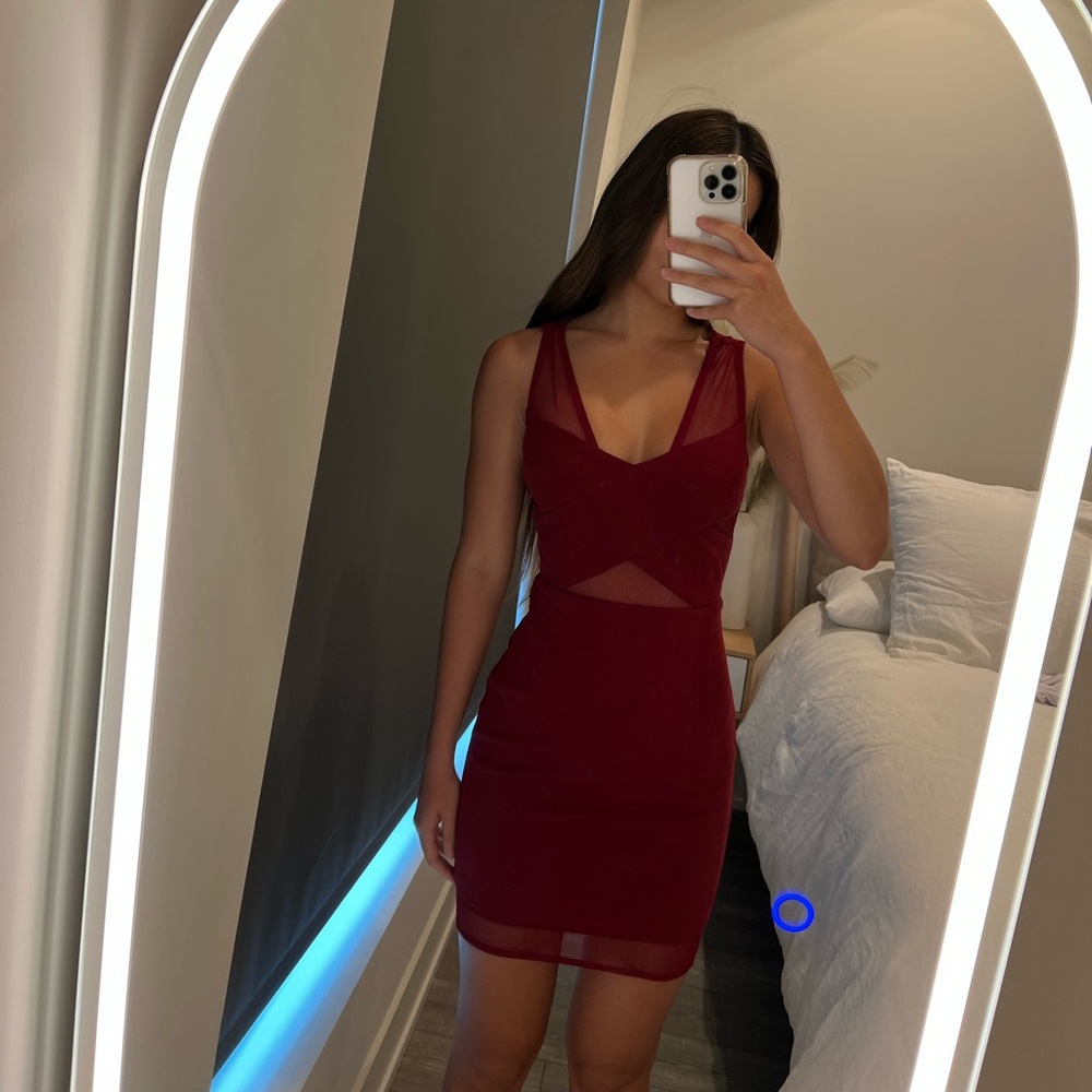Red Bodycon Dress with Mesh Detailing
